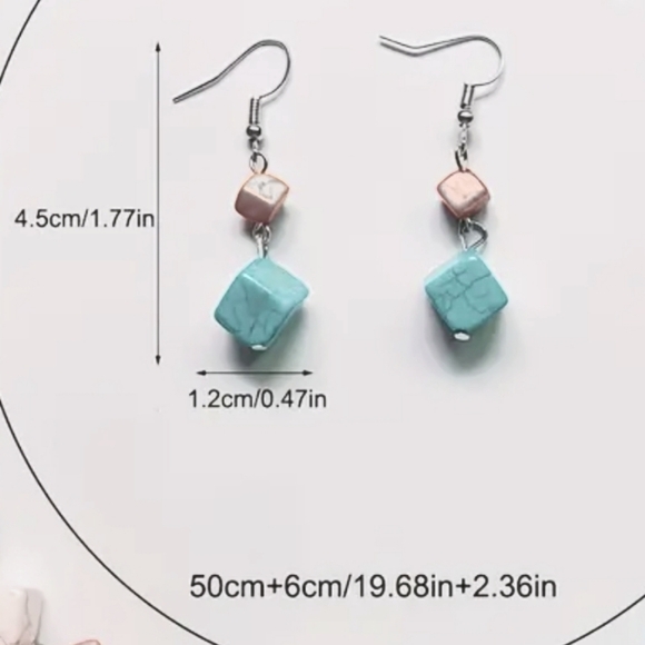 Jewelry Set Cubed Simulated Turquoise Earrings and Necklace - Picture 5 of 6